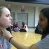 Freshman Bri Vargas takes sophomore Caroline Hunt’s pulse from the carotid artery during the blood pressure lab.