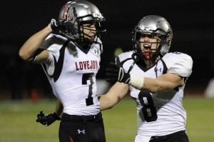 Grant Jarvis ad Braxton Mayfield celebrate after the Leopards win.