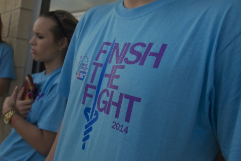 The Relay for Life shirts show that the event is to Finish the Fight against cancer on Friday, April 11, 2014.