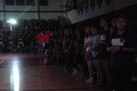 Athletes from all different sports look on towards the home stands during the Lovejoy Black Light Pep Rally on April 11, 2014.