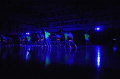 Cheerleaders light up the room while they perform their routine during the Black Light Pep Rally Friday, April 11, 2014.