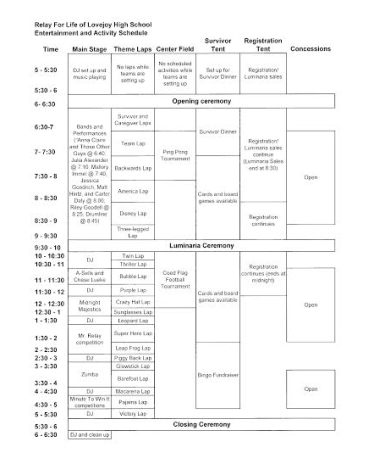 There are many events occoring at the event. Above it the schedule, listing all the events. 